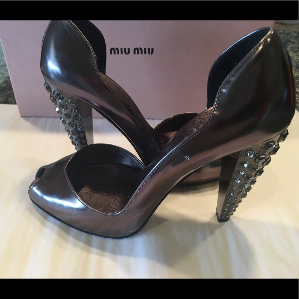 Prada Miu Miu Jeweled Heels METALLIC GREY Size 36